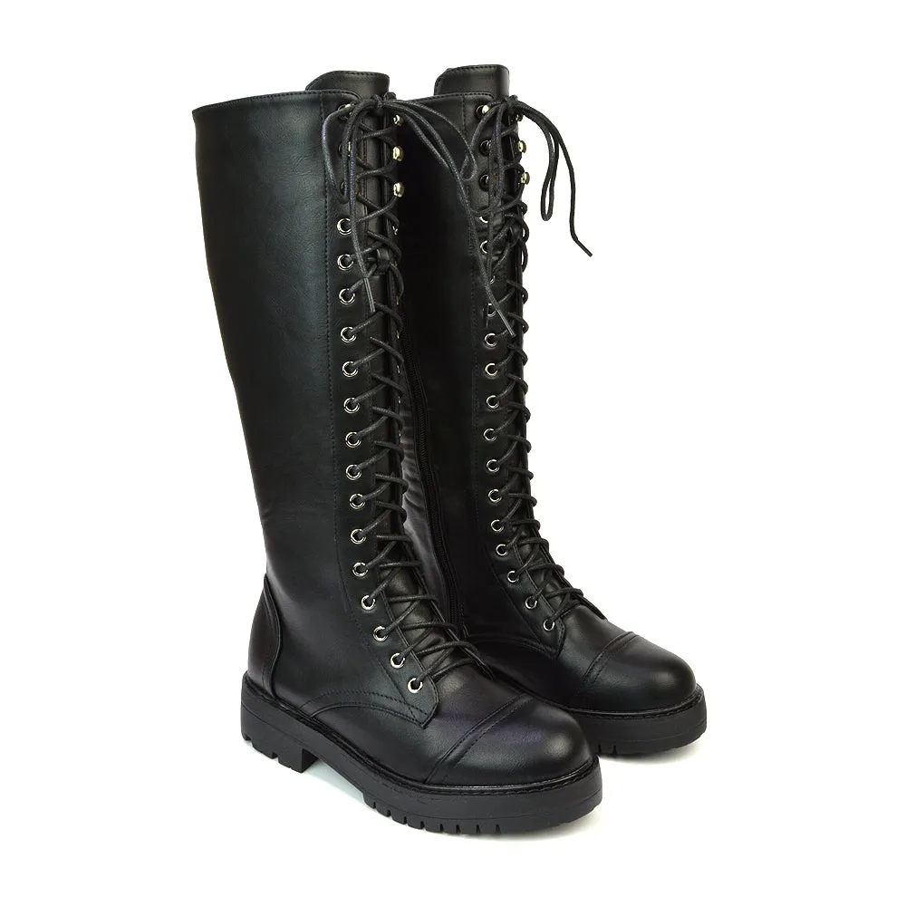 Peri Lace Up Combat Knee High Biker Boots With Inside Zip in Black Synthetic Leather