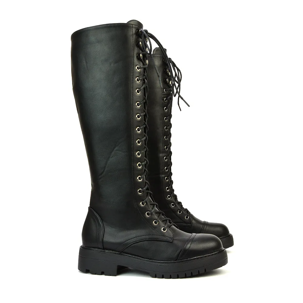 Peri Lace Up Combat Knee High Biker Boots With Inside Zip in Black Synthetic Leather