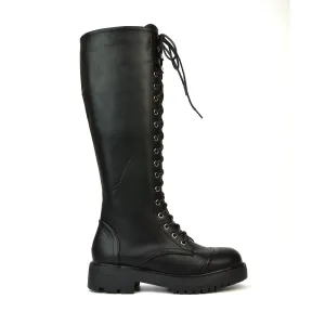 Peri Lace Up Combat Knee High Biker Boots With Inside Zip in Black Synthetic Leather