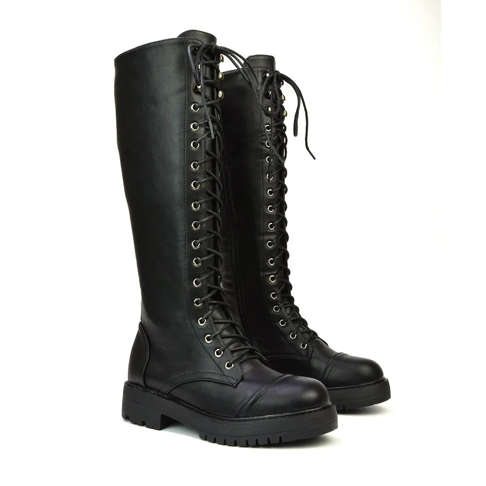 Peri Lace Up Combat Knee High Biker Boots With Inside Zip in Black Synthetic Leather