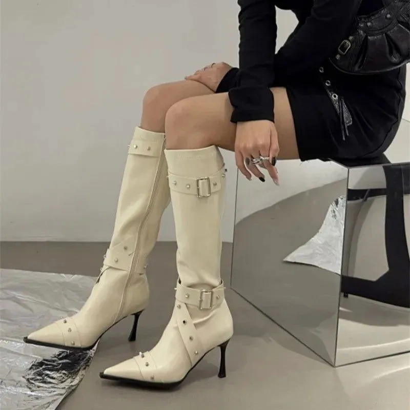 Pointed Toe High Tube Thinner-looked High High Heels Knee High Biker Boots