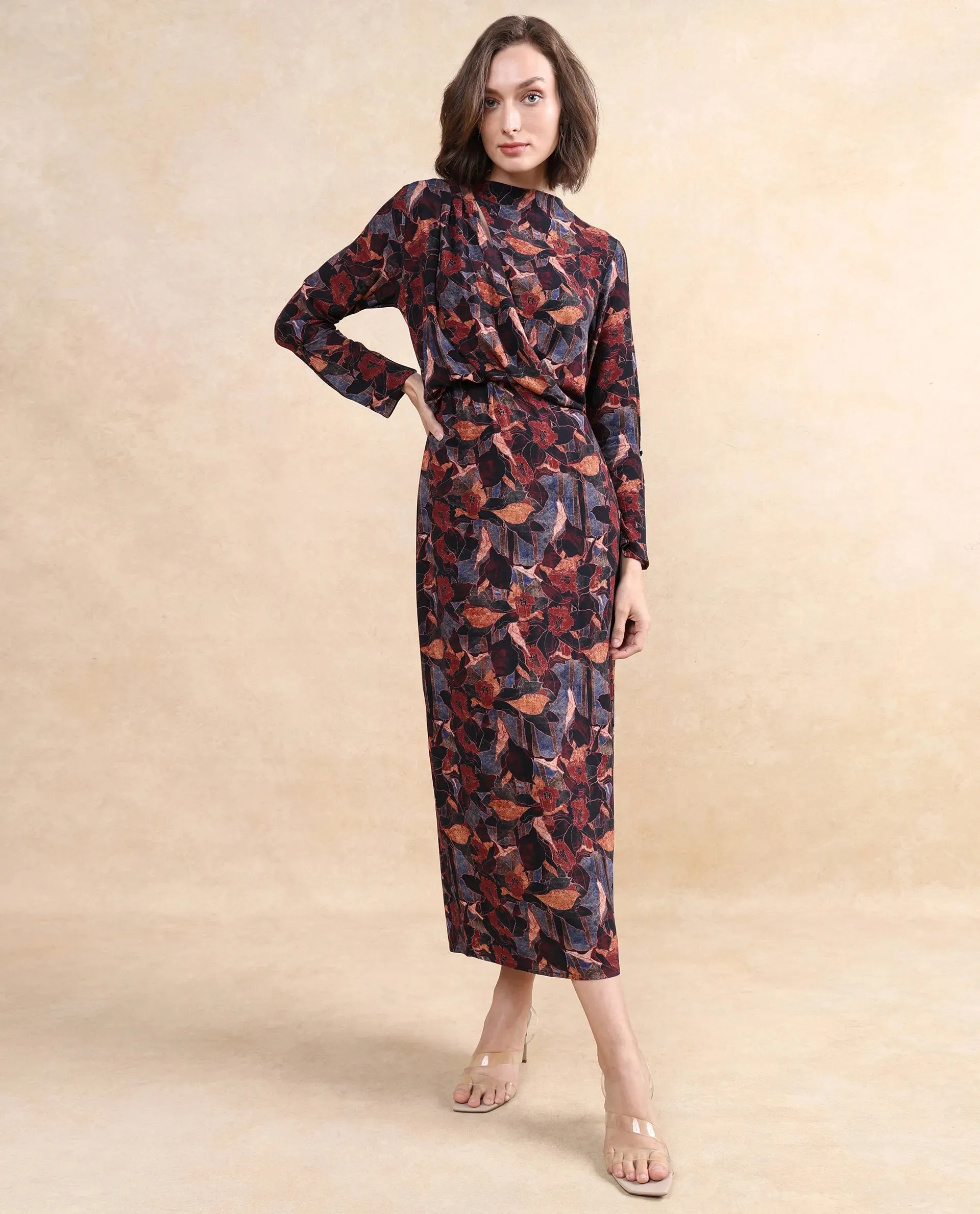 Rareism Women Winzop Multi Viscose Fabric Full Sleeve Cowl Neck Zipper Closure Straight Fit Midi Floral Print Dress