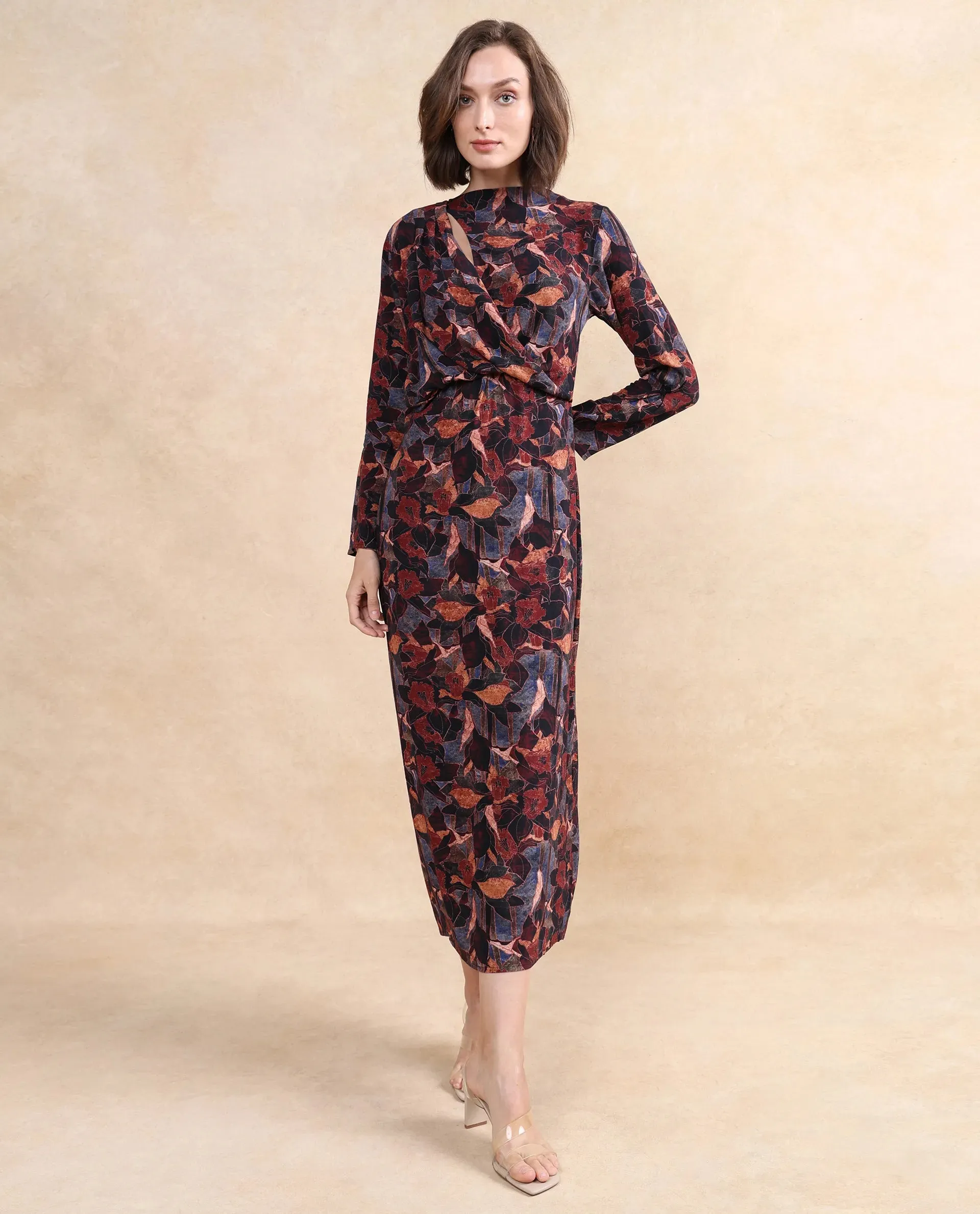 Rareism Women Winzop Multi Viscose Fabric Full Sleeve Cowl Neck Zipper Closure Straight Fit Midi Floral Print Dress