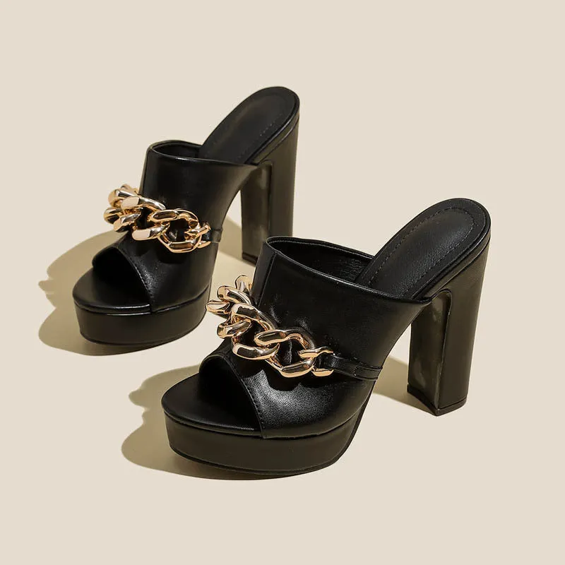 Round Head Open Toe Chain Detail Block Heel Platform Sandals