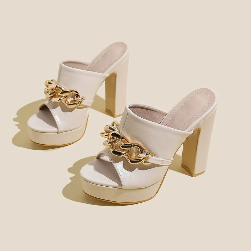 Round Head Open Toe Chain Detail Block Heel Platform Sandals