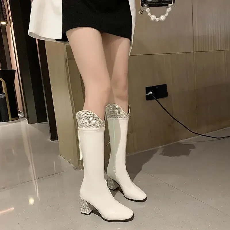 Sohiwoo Footwear Long Square Toe Ladies Boots White Shoes for Women Tassel Winter Knee High Shaft Rhinestone Chic and Elegant Hot New In