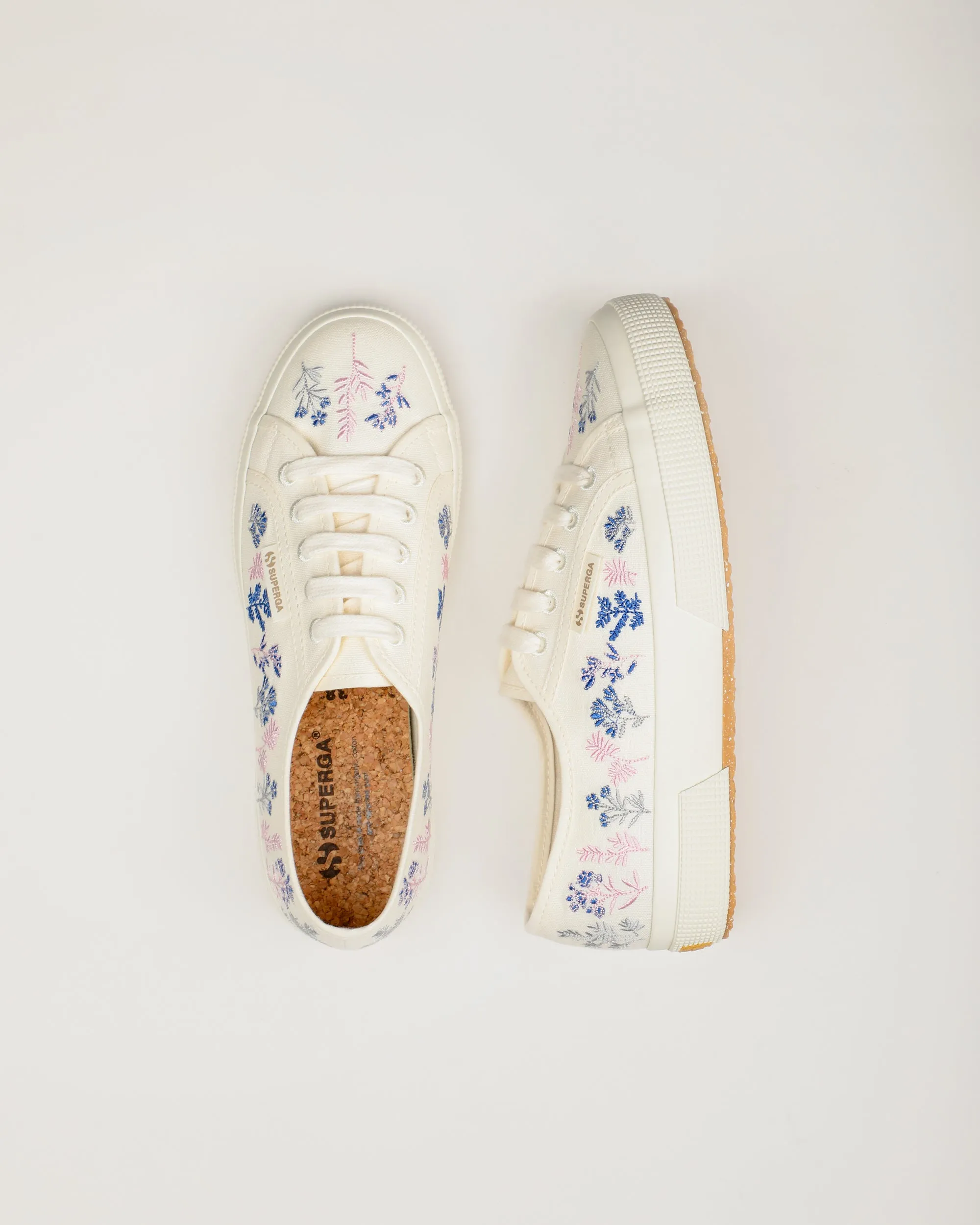 Superga 2750 Organic Flowers Embroidery White Avorio Blue Pink