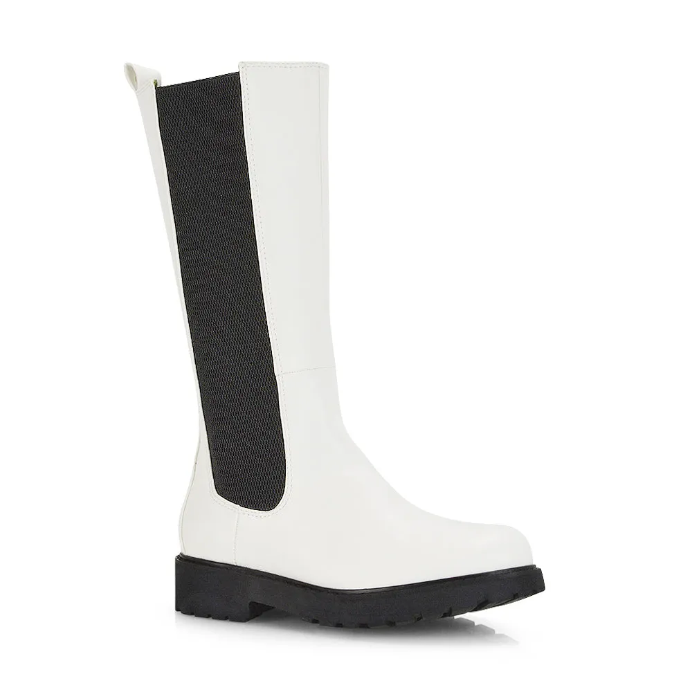 Suzie Flat Low Block Heel Slip on below the Knee Biker Boots in Black PU