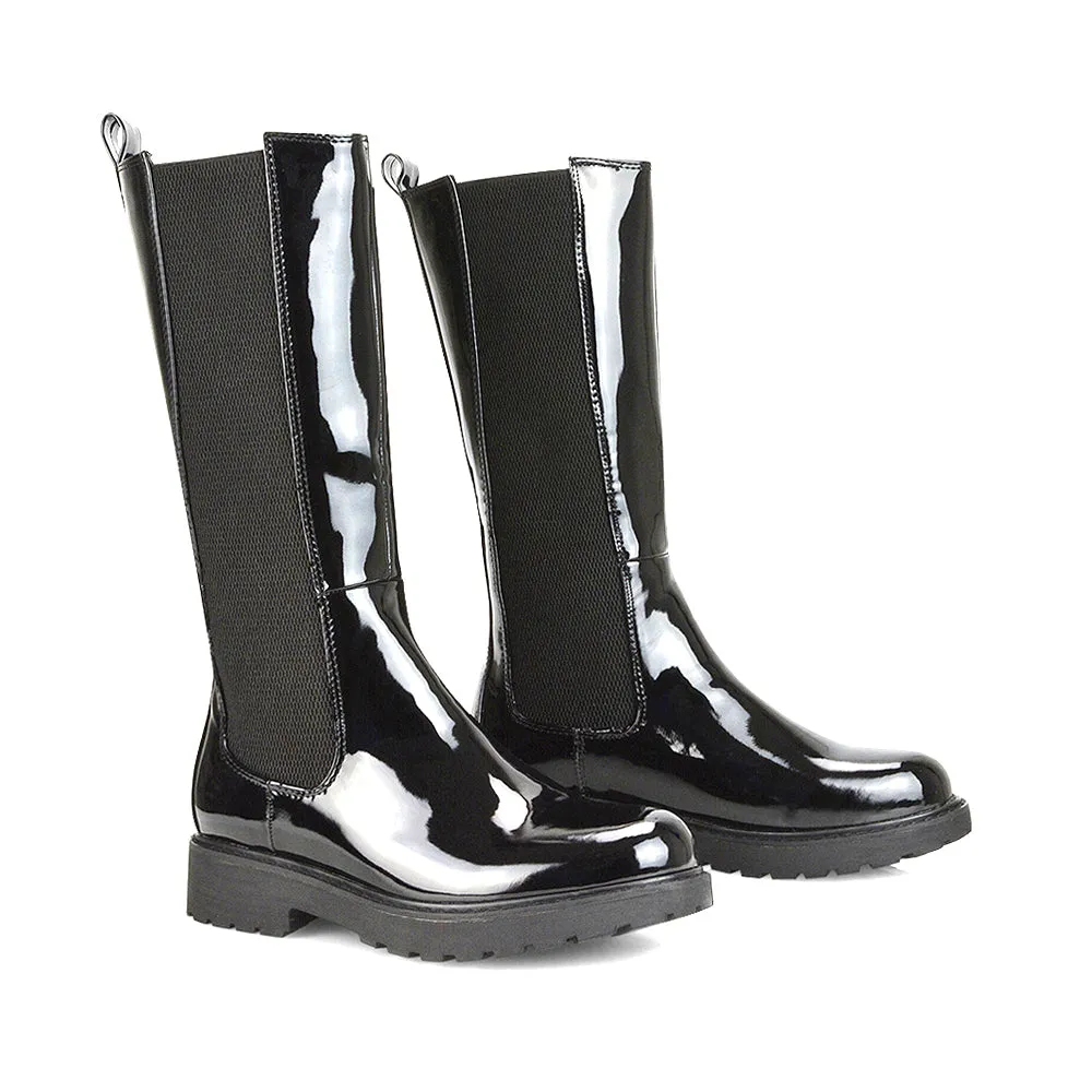 Suzie Flat Low Block Heel Slip on below the Knee Biker Boots in Black PU