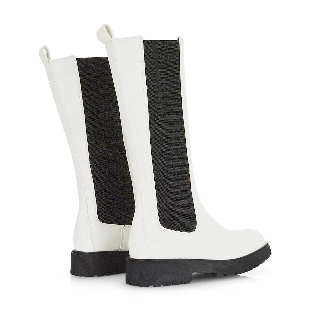 Suzie Flat Low Block Heel Slip on below the Knee Biker Boots in Black PU