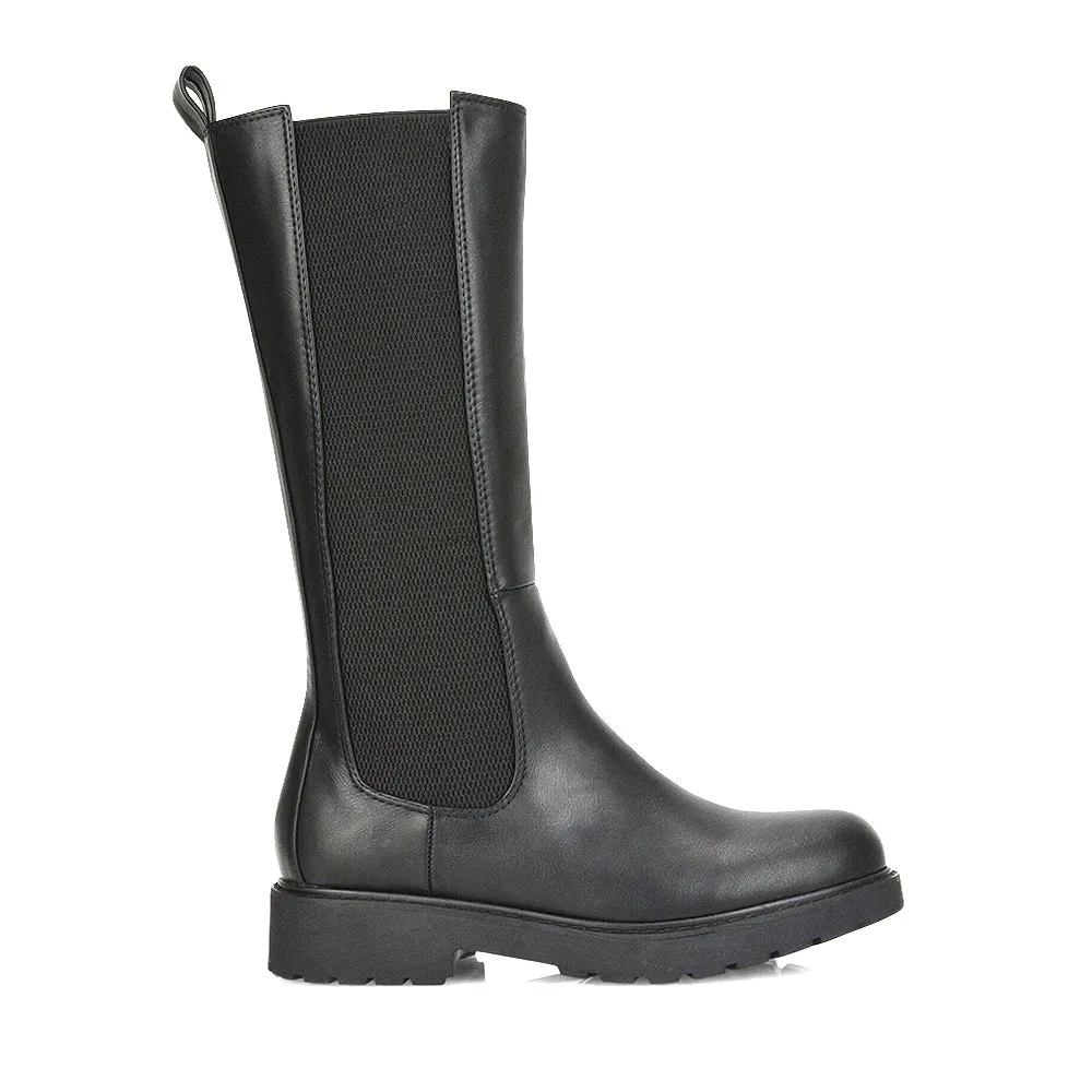 Suzie Flat Low Block Heel Slip on below the Knee Biker Boots in Black PU