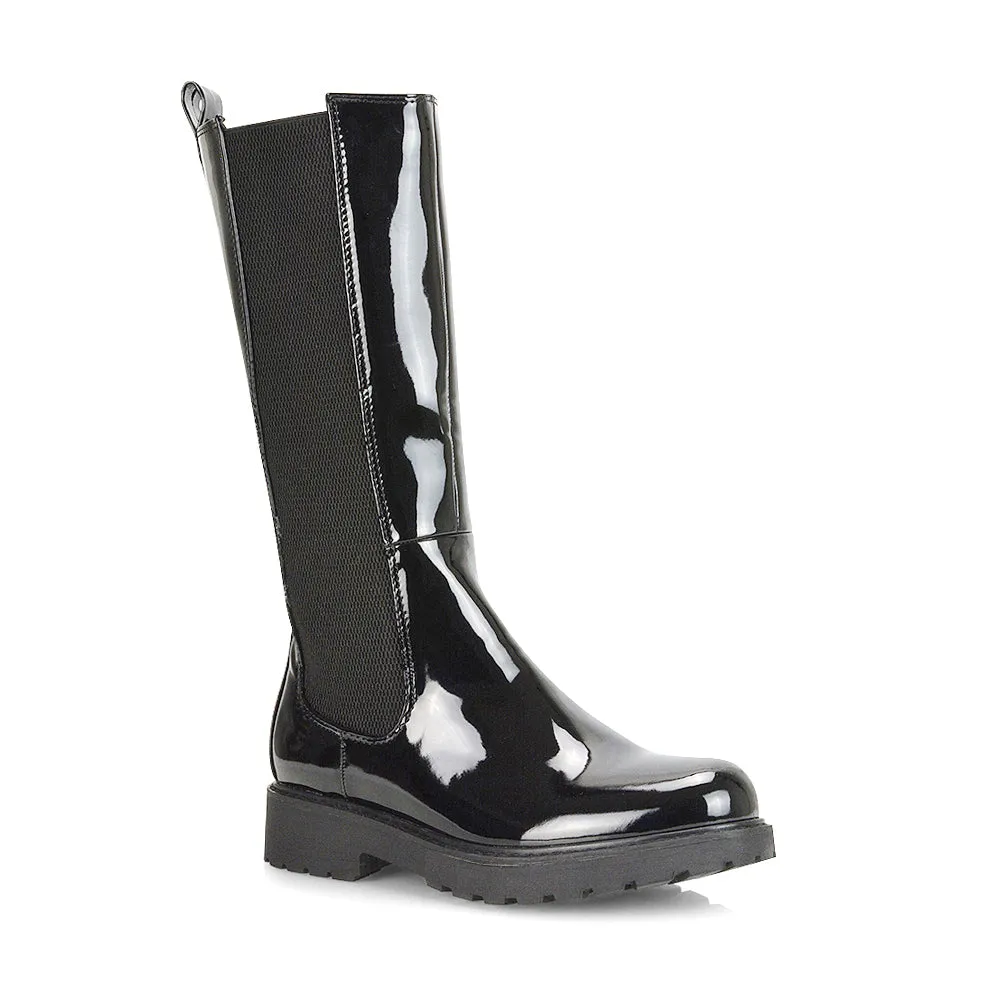 Suzie Flat Low Block Heel Slip on below the Knee Biker Boots in Black PU