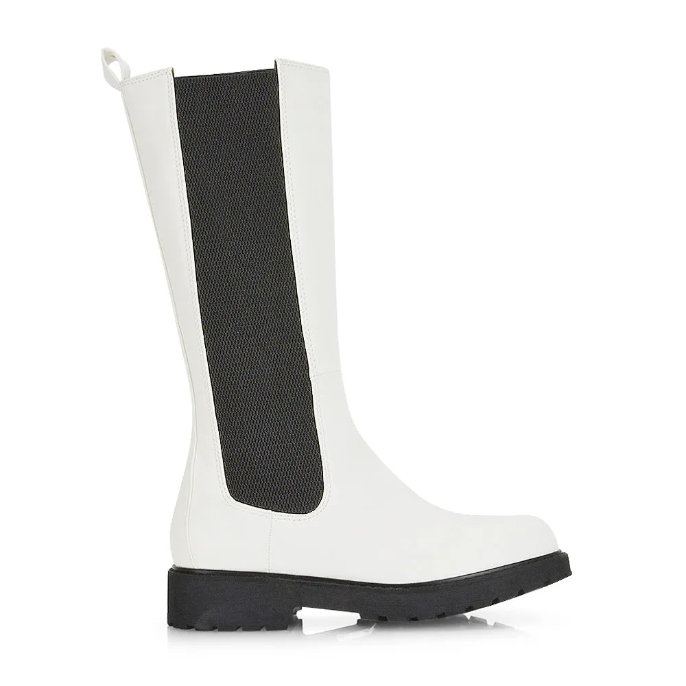 Suzie Flat Low Block Heel Slip on below the Knee Biker Boots in Black PU