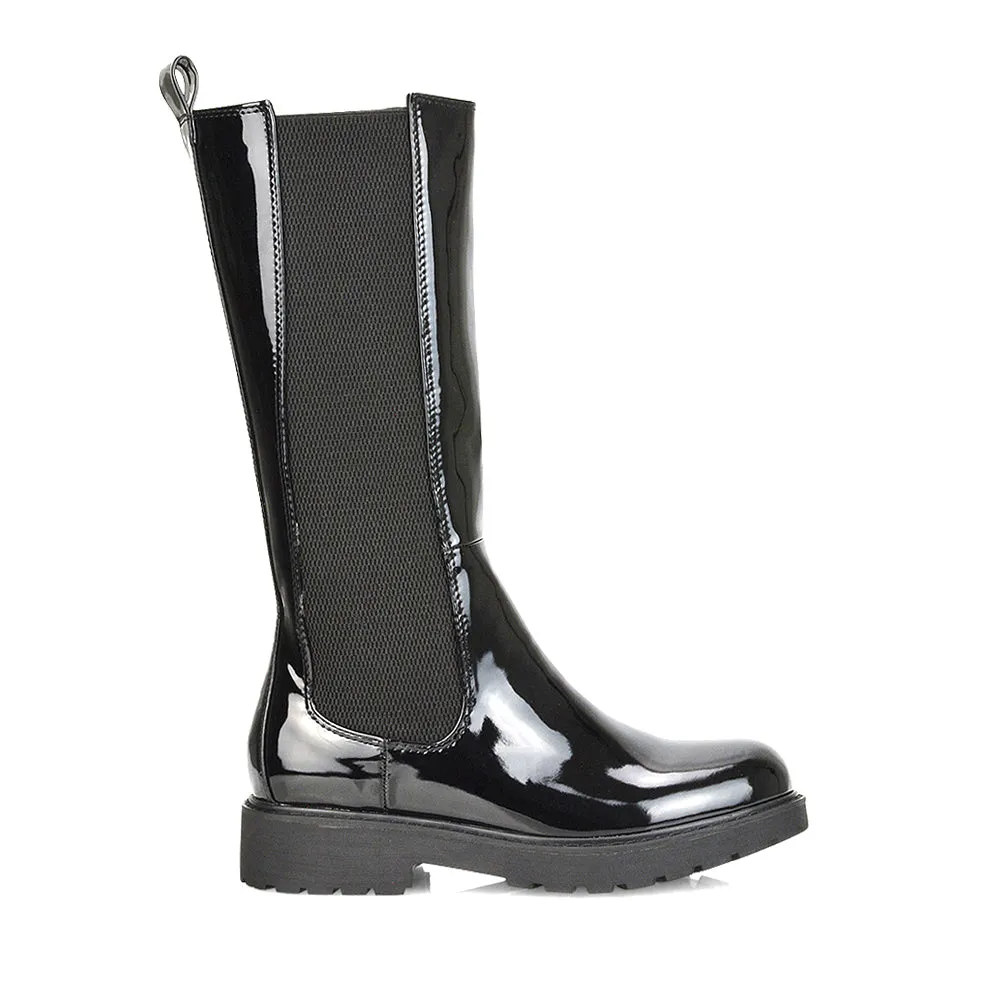 Suzie Flat Low Block Heel Slip on below the Knee Biker Boots in Black PU