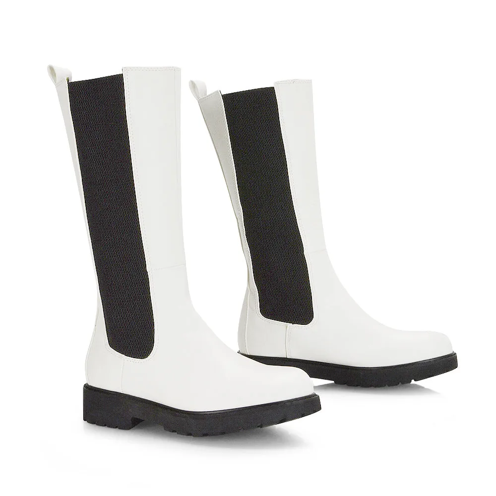 Suzie Flat Low Block Heel Slip on below the Knee Biker Boots in Black PU