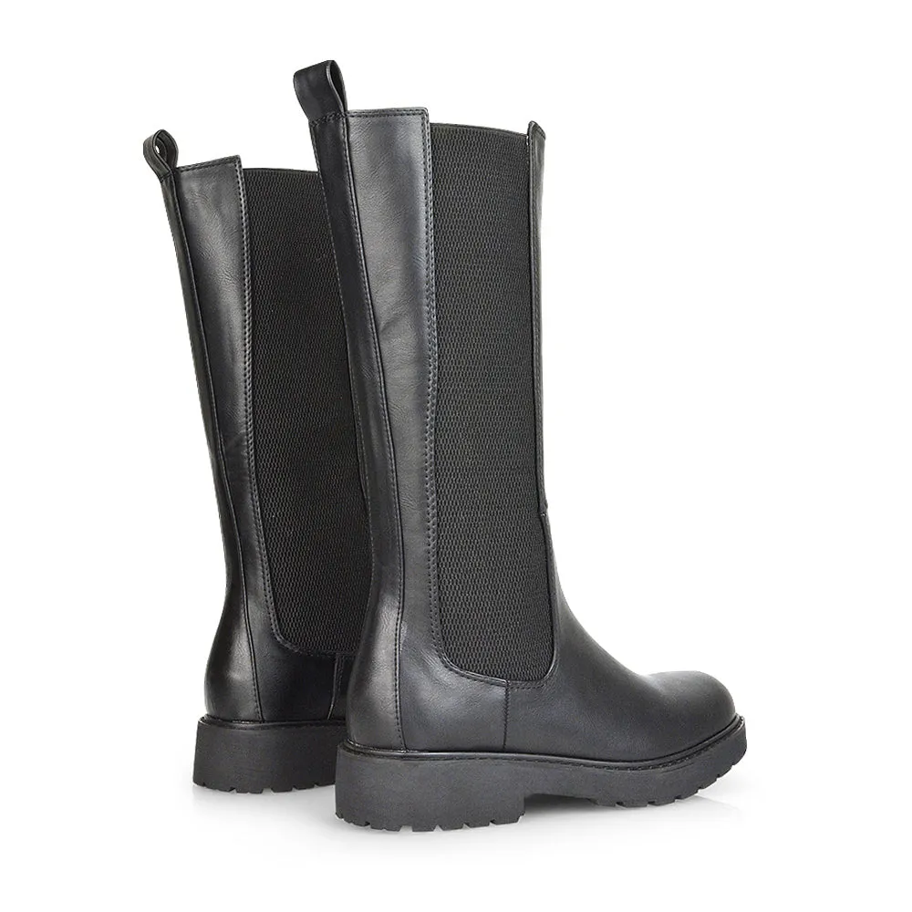 Suzie Flat Low Block Heel Slip on below the Knee Biker Boots in Black PU