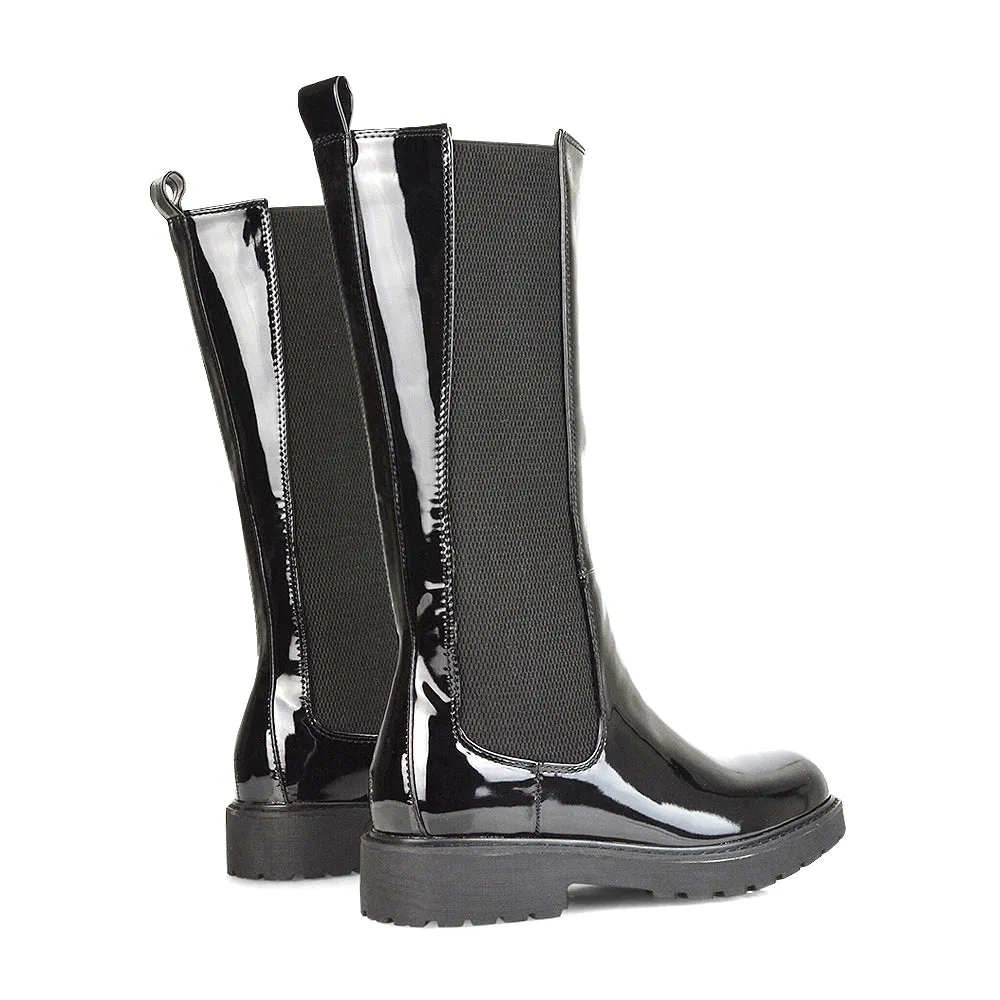 Suzie Flat Low Block Heel Slip on below the Knee Biker Boots in Black PU