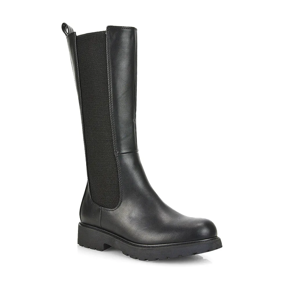 Suzie Flat Low Block Heel Slip on below the Knee Biker Boots in Black PU