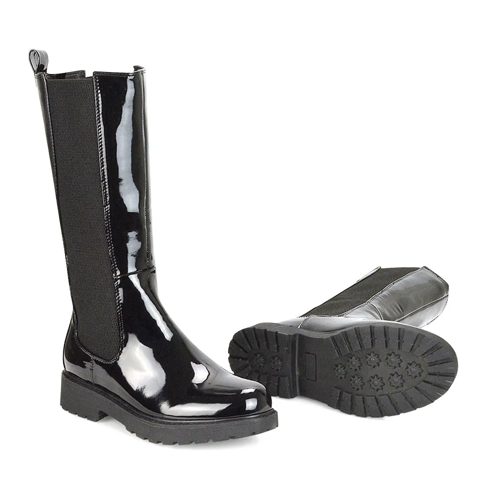 Suzie Flat Low Block Heel Slip on below the Knee Biker Boots in Black PU