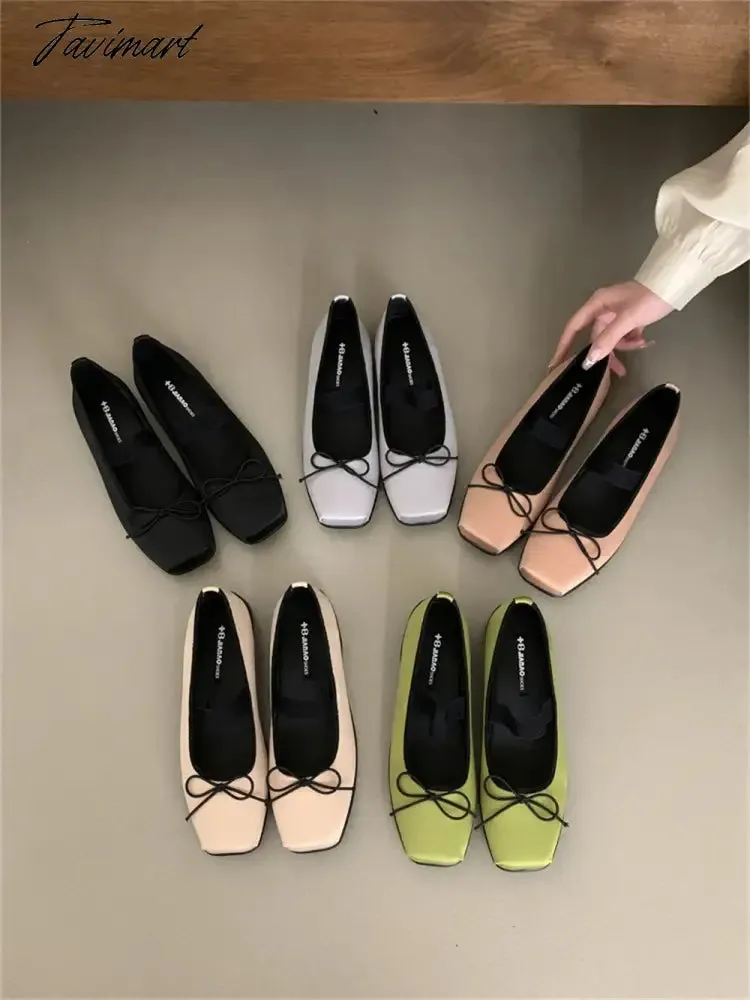 TAVIMART -  2024 New Classic Silk Ballet Shoes Elastic Band Ballet Shoes Women Square Toe Bowtie Women Flats Elegant Valentine Shoes