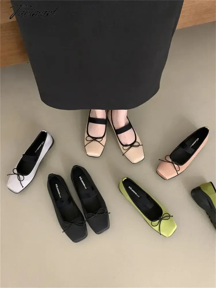 TAVIMART -  2024 New Classic Silk Ballet Shoes Elastic Band Ballet Shoes Women Square Toe Bowtie Women Flats Elegant Valentine Shoes