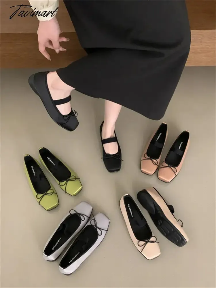 TAVIMART -  2024 New Classic Silk Ballet Shoes Elastic Band Ballet Shoes Women Square Toe Bowtie Women Flats Elegant Valentine Shoes