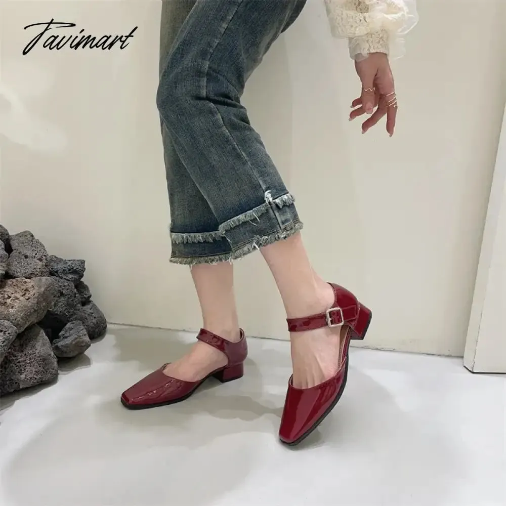 TAVIMART -  French Style Retro Square Toe Mary Jane Shoes Spring Summer Flats Women Low Heel Shallow Shoes Pumps Sandal