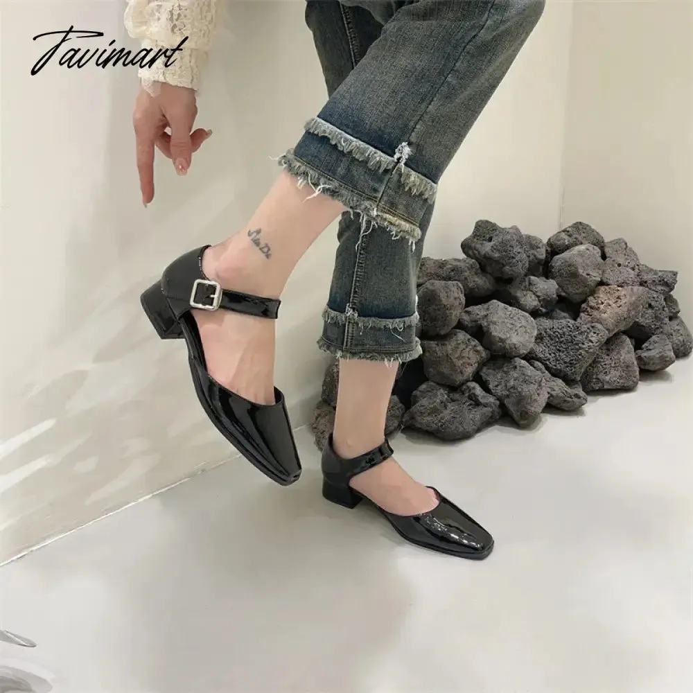 TAVIMART -  French Style Retro Square Toe Mary Jane Shoes Spring Summer Flats Women Low Heel Shallow Shoes Pumps Sandal