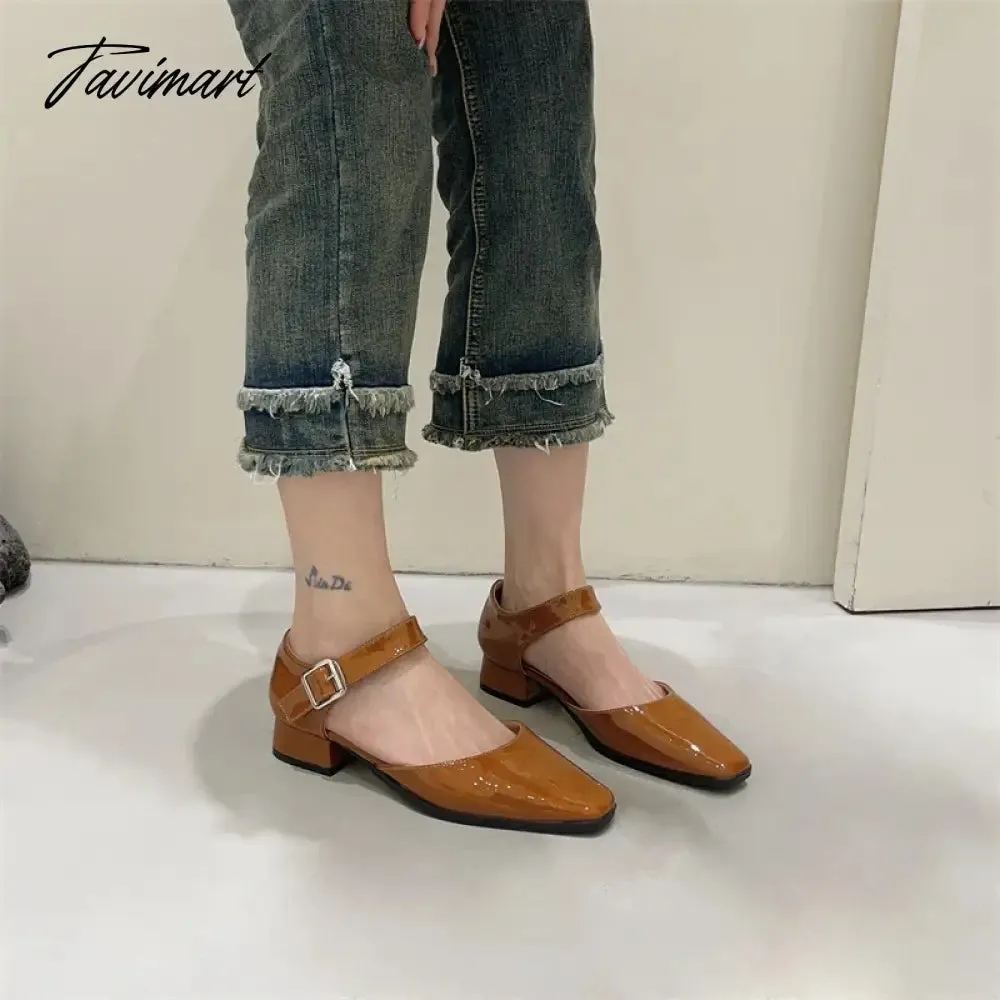 TAVIMART -  French Style Retro Square Toe Mary Jane Shoes Spring Summer Flats Women Low Heel Shallow Shoes Pumps Sandal