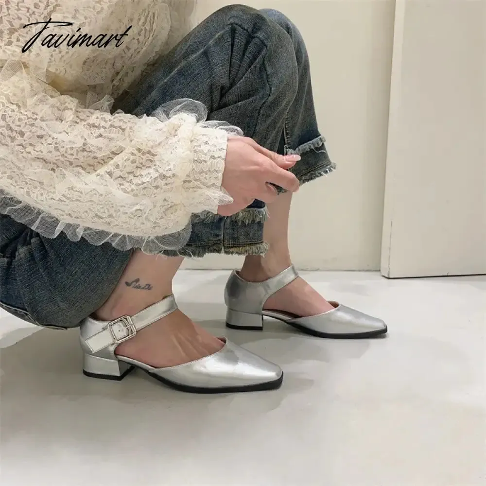 TAVIMART -  French Style Retro Square Toe Mary Jane Shoes Spring Summer Flats Women Low Heel Shallow Shoes Pumps Sandal