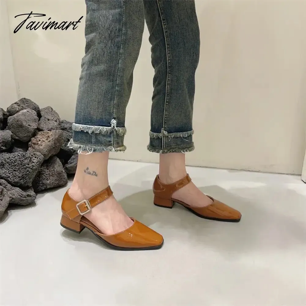 TAVIMART -  French Style Retro Square Toe Mary Jane Shoes Spring Summer Flats Women Low Heel Shallow Shoes Pumps Sandal