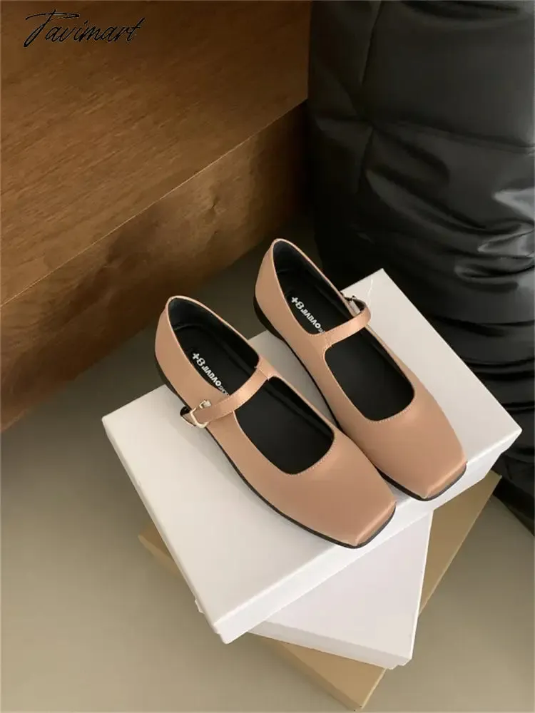 TAVIMART -  French Style Women Vintage Flats Silk Button Square Toe Mary Janes Casual Shoes  Comfort Loafers Shoes 2024 Ballerina Flats