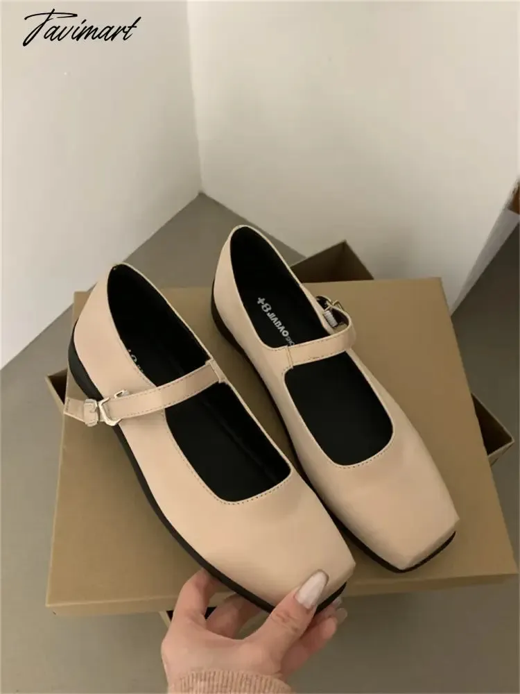 TAVIMART -  French Style Women Vintage Flats Silk Button Square Toe Mary Janes Casual Shoes  Comfort Loafers Shoes 2024 Ballerina Flats