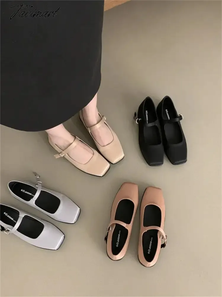 TAVIMART -  French Style Women Vintage Flats Silk Button Square Toe Mary Janes Casual Shoes  Comfort Loafers Shoes 2024 Ballerina Flats