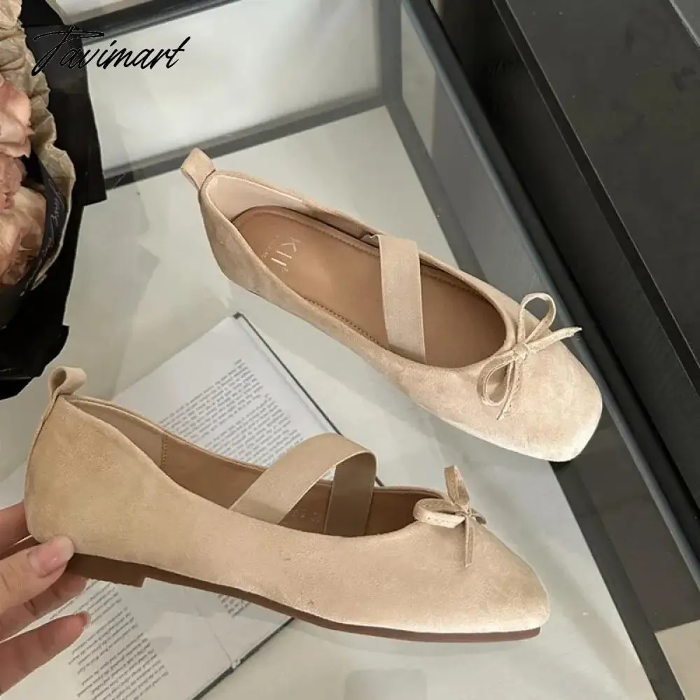 TAVIMART -  NEW Spring/Autumn Flats Mary Jane Shoes Square Toe Women's Shoes Bow Velvet Ballet Flats Women Shoes