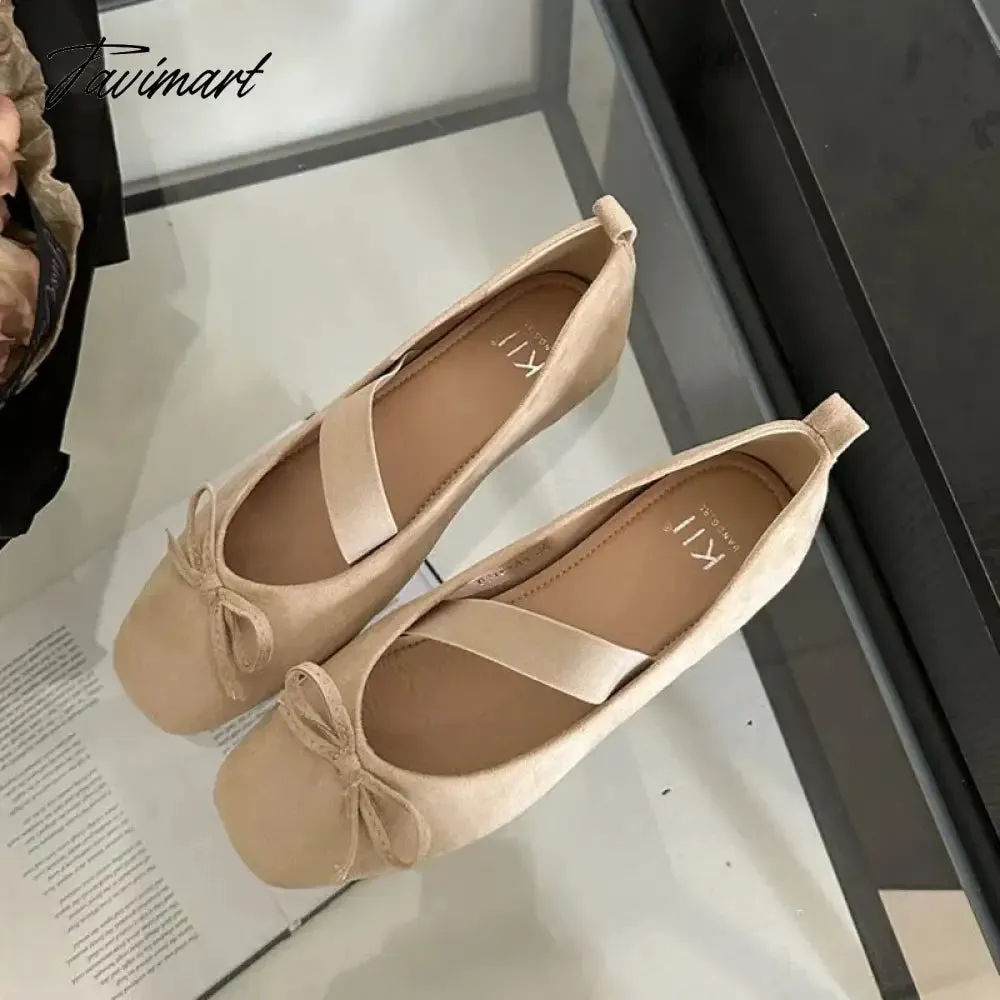 TAVIMART -  NEW Spring/Autumn Flats Mary Jane Shoes Square Toe Women's Shoes Bow Velvet Ballet Flats Women Shoes