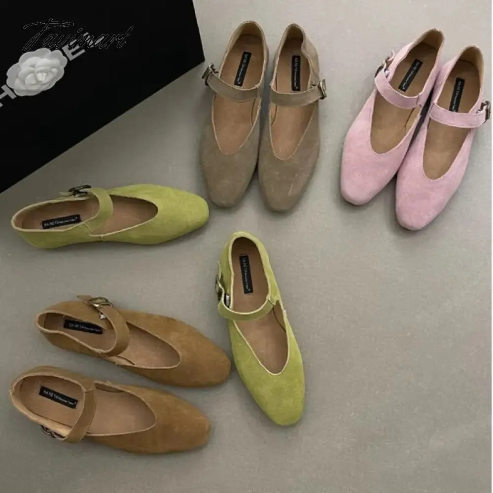 TAVIMART -  Ugly Cute Mary Jane Women Flat Shoes Cow Suede Girl Style Flats Shoes Woman One Word Buckle Student Retro Flat Shoes Ladies