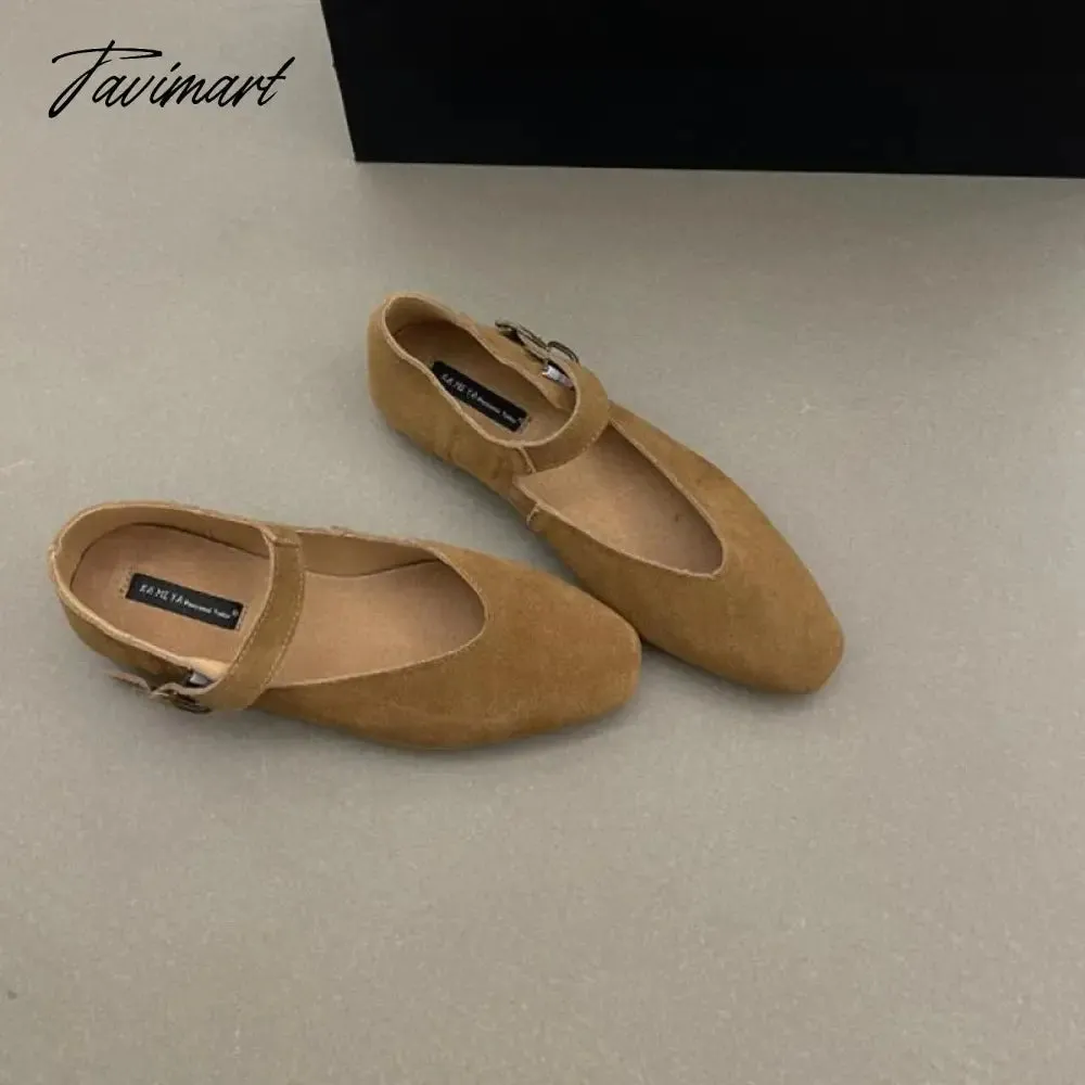 TAVIMART -  Ugly Cute Mary Jane Women Flat Shoes Cow Suede Girl Style Flats Shoes Woman One Word Buckle Student Retro Flat Shoes Ladies