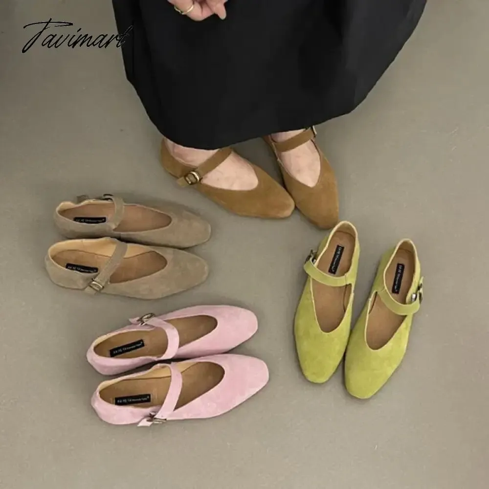 TAVIMART -  Ugly Cute Mary Jane Women Flat Shoes Cow Suede Girl Style Flats Shoes Woman One Word Buckle Student Retro Flat Shoes Ladies