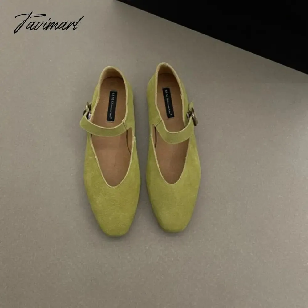 TAVIMART -  Ugly Cute Mary Jane Women Flat Shoes Cow Suede Girl Style Flats Shoes Woman One Word Buckle Student Retro Flat Shoes Ladies