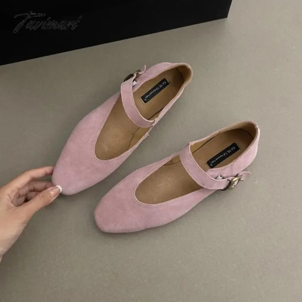 TAVIMART -  Ugly Cute Mary Jane Women Flat Shoes Cow Suede Girl Style Flats Shoes Woman One Word Buckle Student Retro Flat Shoes Ladies