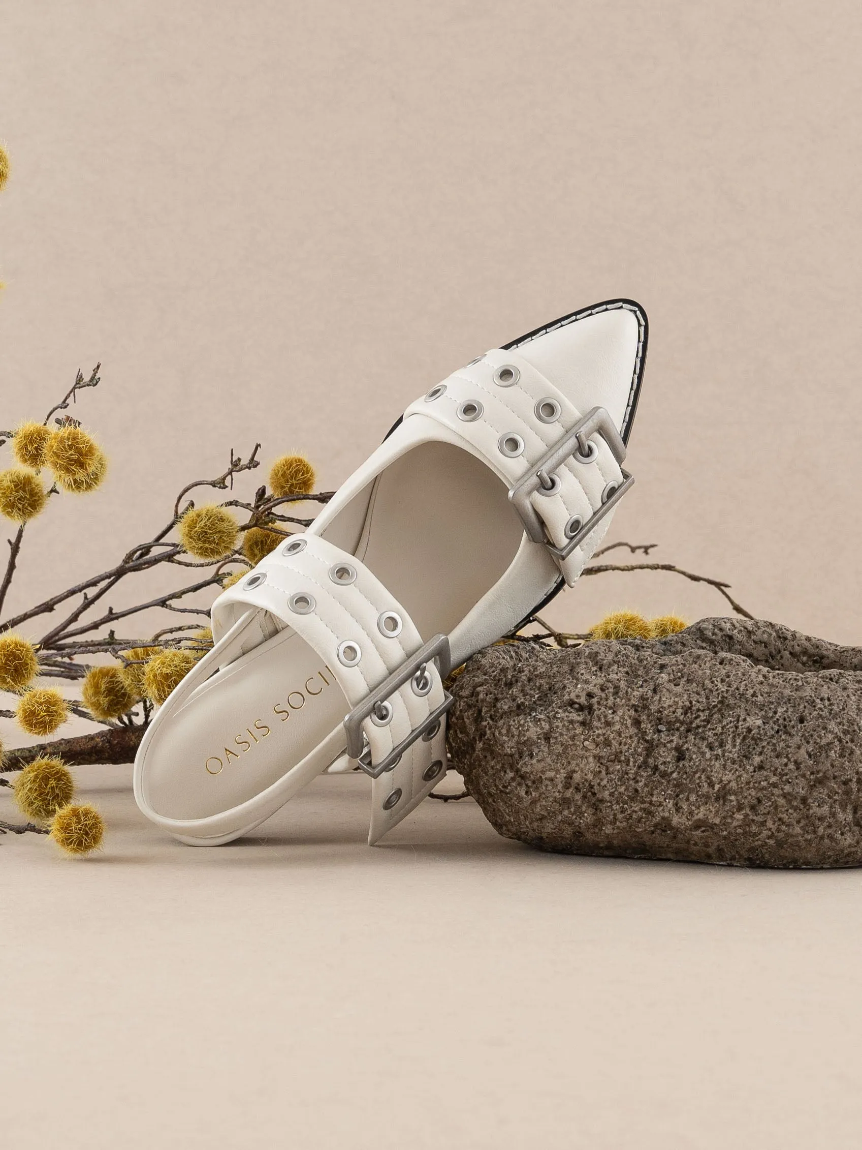 The Harlow | White Double Buckle Pointed Ballet Flat