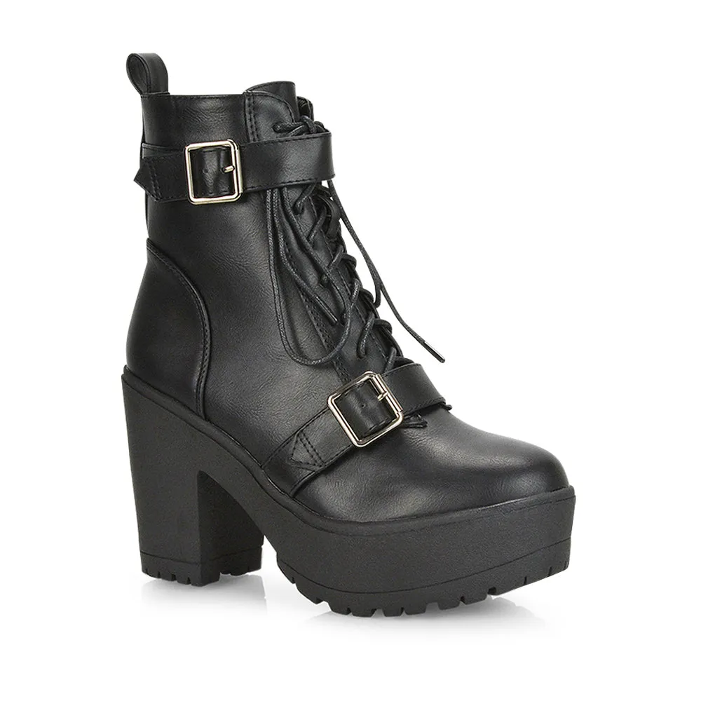 Tina Buckle Lace up Biker Block High Heel Platform Chunky Boots in Black PU