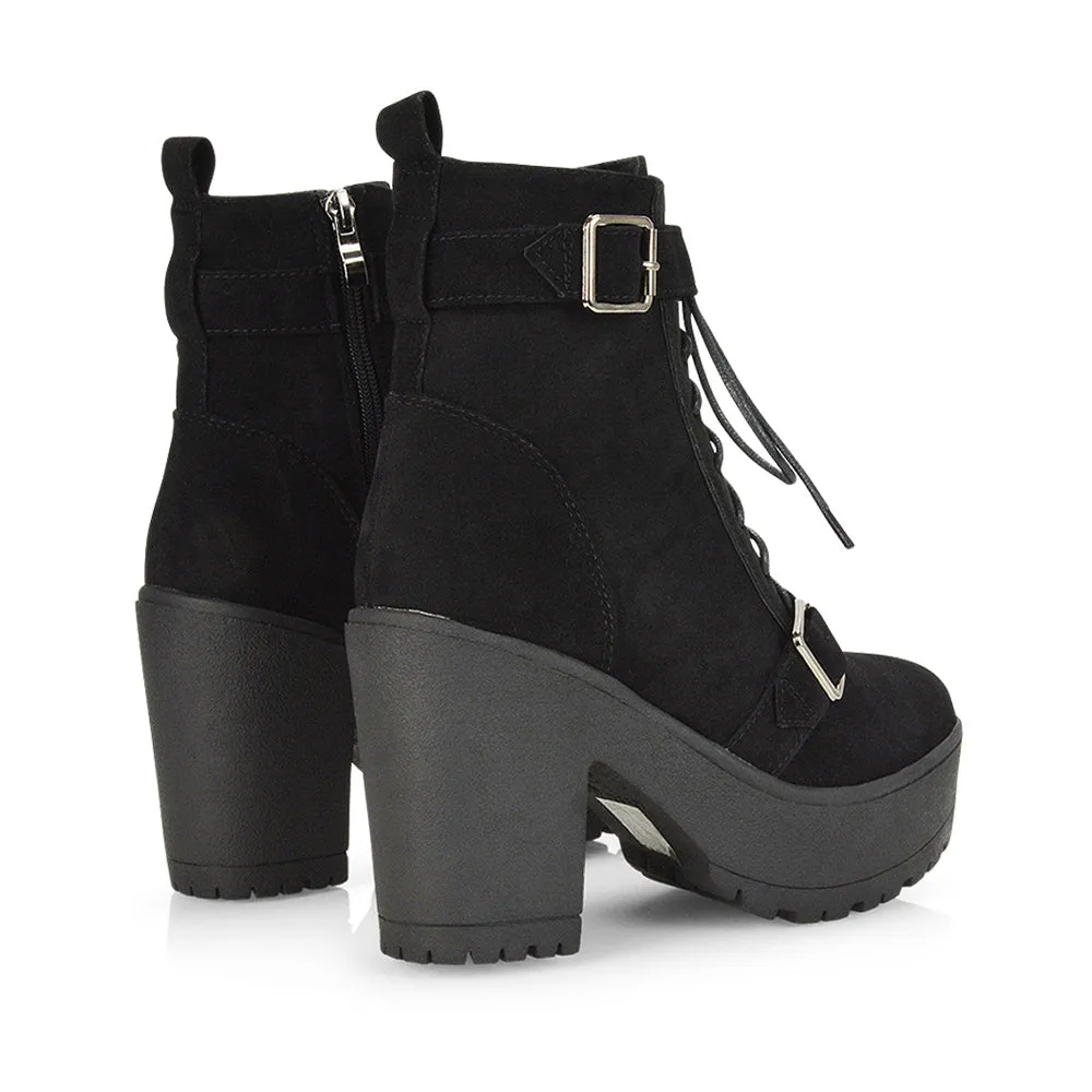 Tina Buckle Lace up Biker Block High Heel Platform Chunky Boots in Black PU