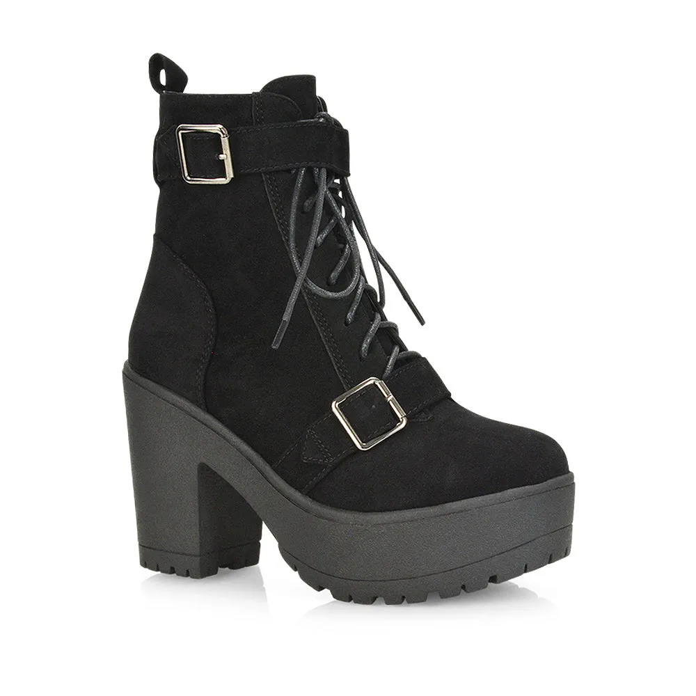 Tina Buckle Lace up Biker Block High Heel Platform Chunky Boots in Black PU