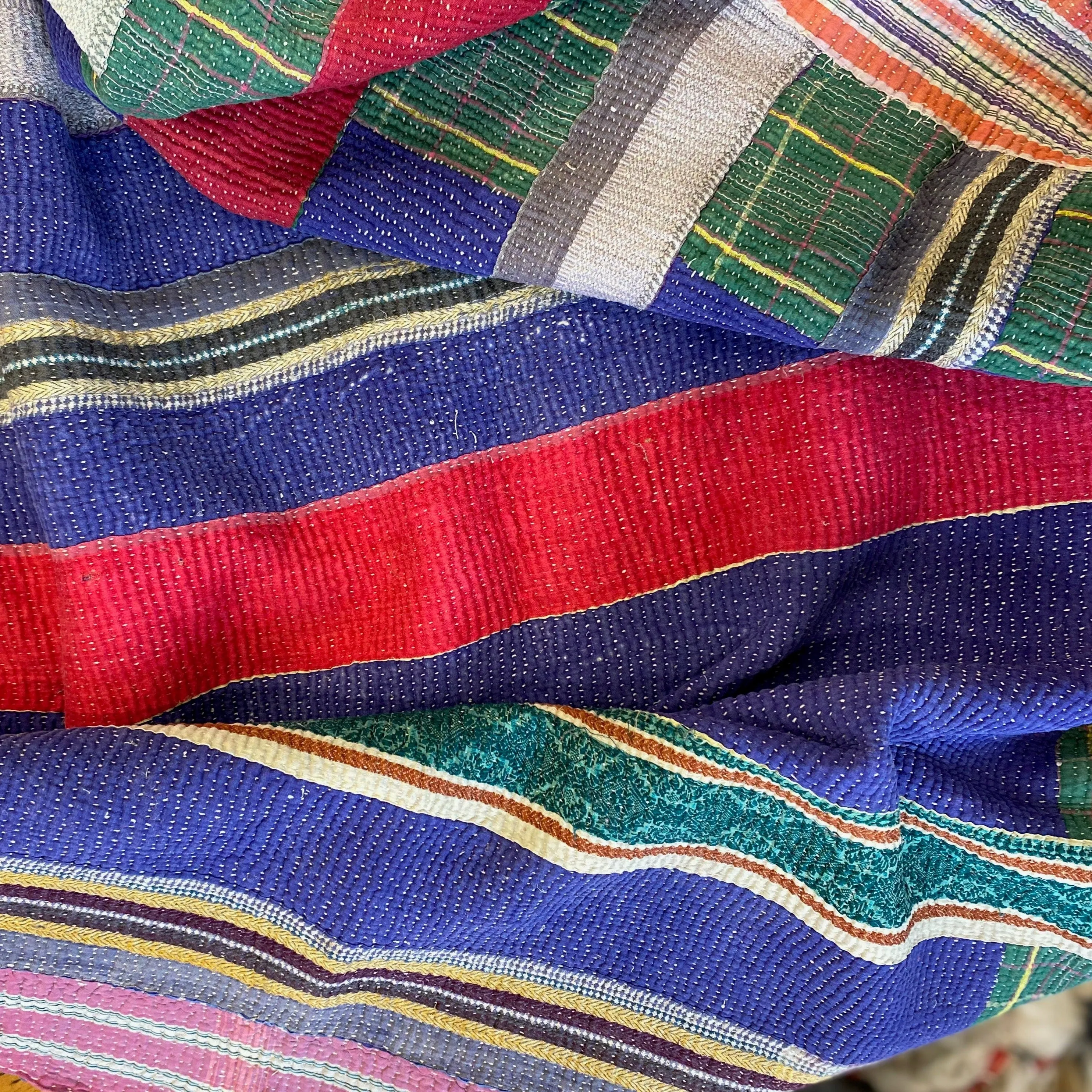 Vintage Kantha (Heavy style) with multi coloured stripes  H4