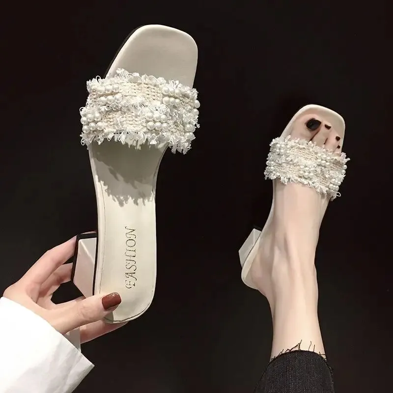 Wjczt  White Crystals Shoes Rhenstone Slides Job Jewels Women's Slippers and Ladies Sandals High Up To 5cm Heel Sexy Shoe I