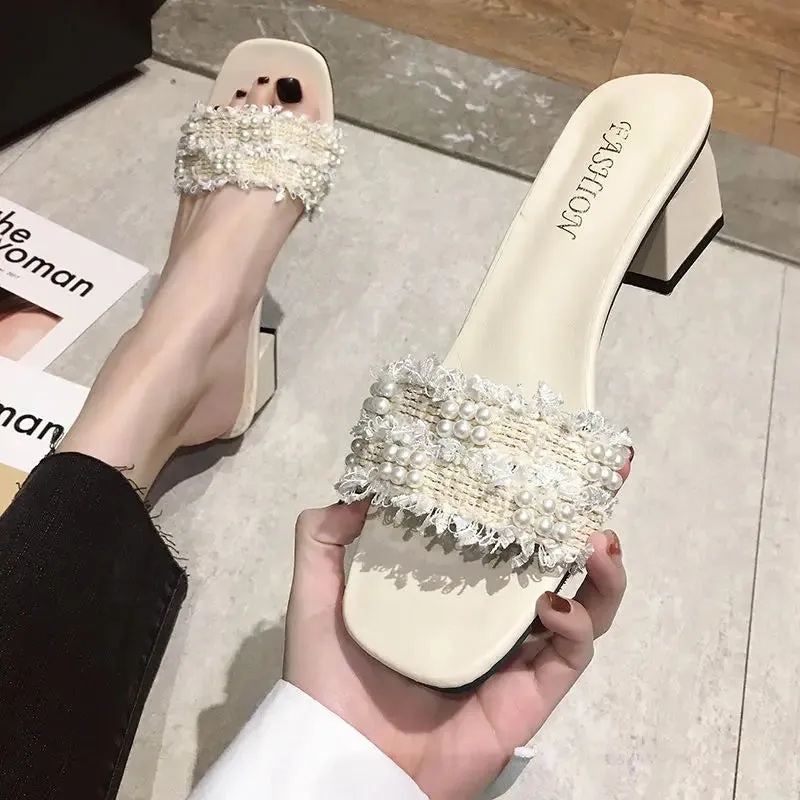 Wjczt  White Crystals Shoes Rhenstone Slides Job Jewels Women's Slippers and Ladies Sandals High Up To 5cm Heel Sexy Shoe I