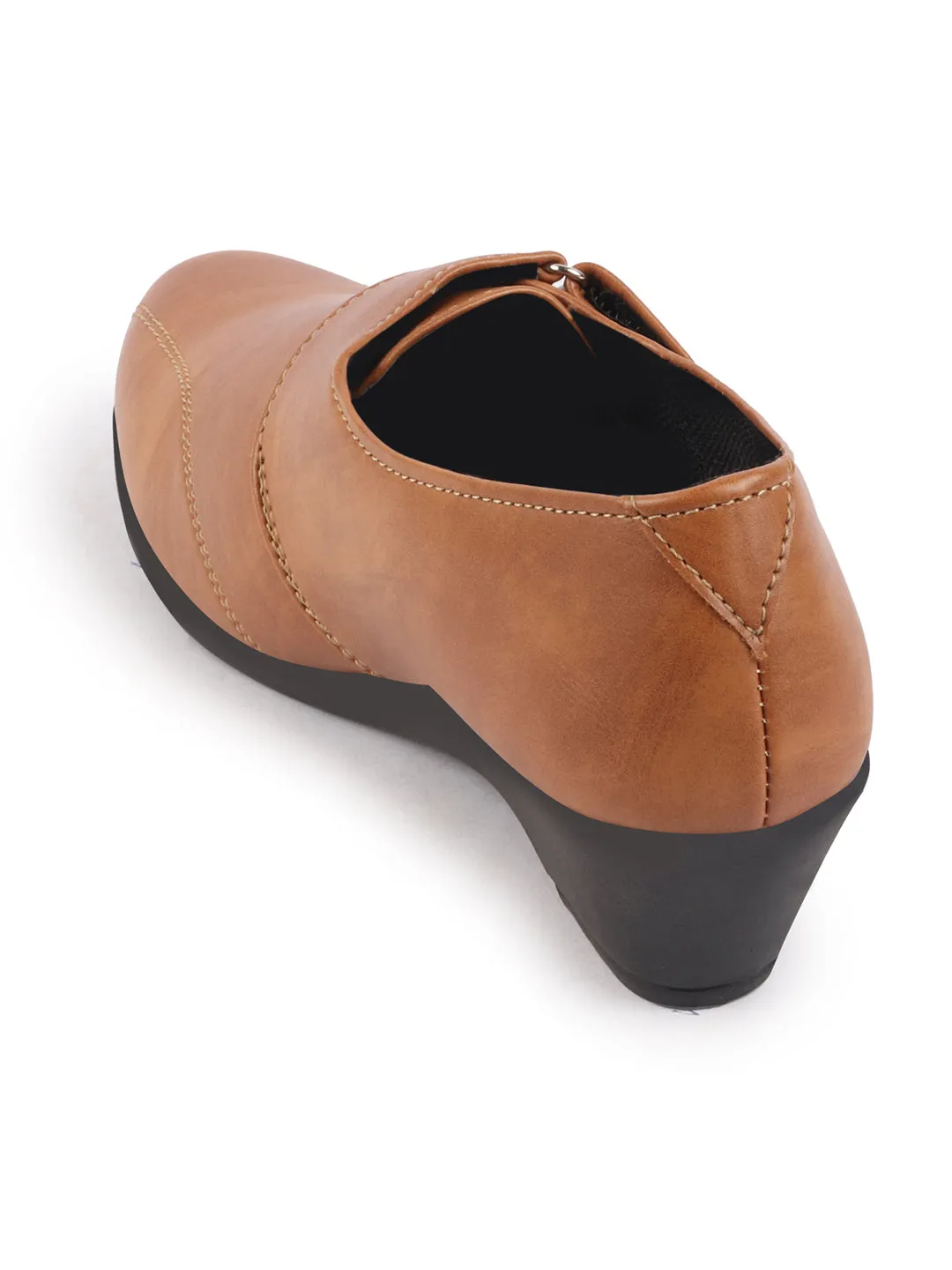 Women Tan Outdoor Fashion Hook and Loop Platform Heel Slip On Shoes