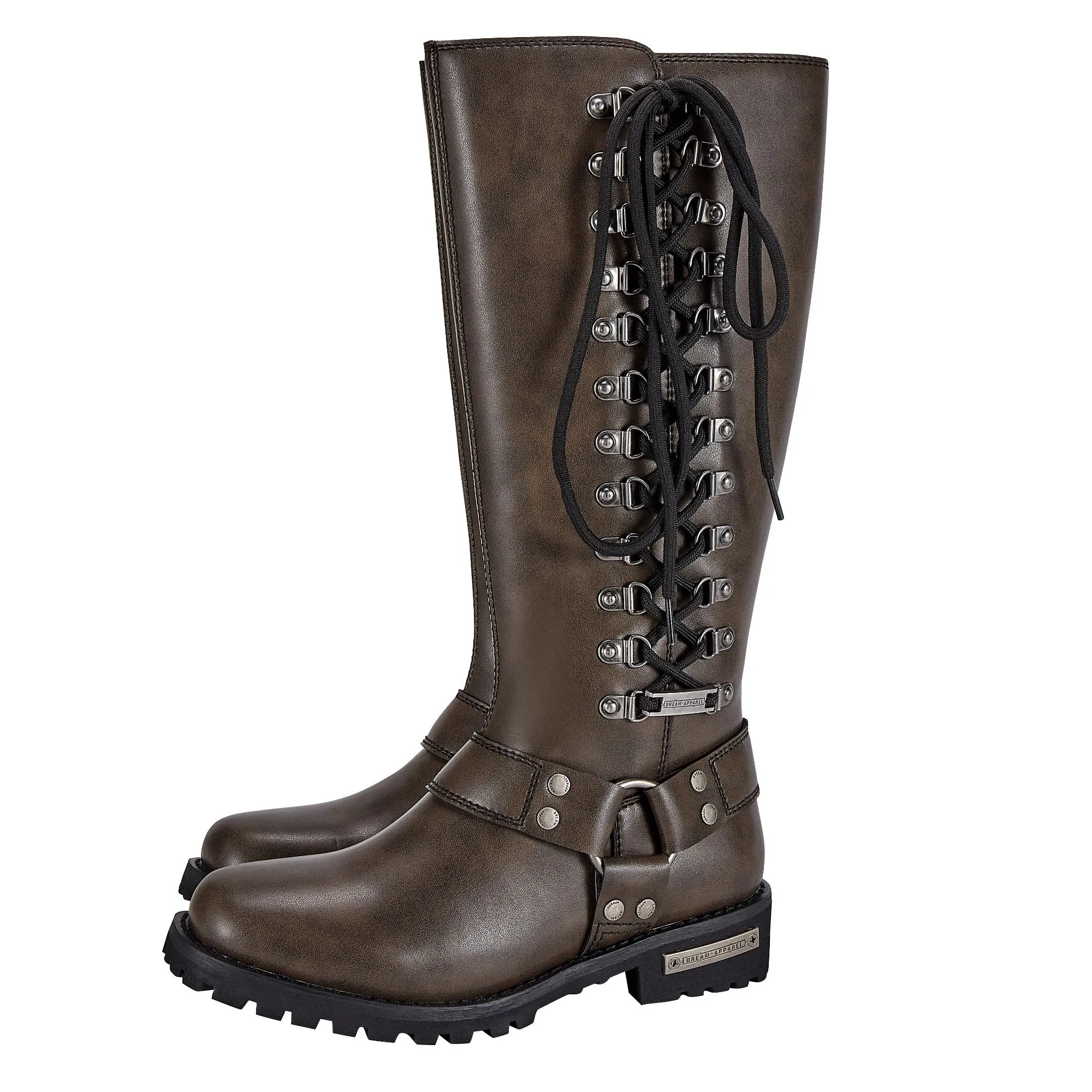 Women's Long Laced and Zipper Side Biker Boots Brown